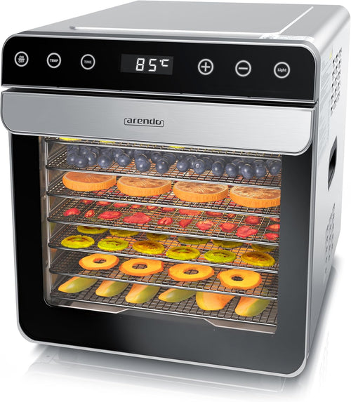 Arendo - Dörrautomat Edelstahl mit 8 Edelstahlgitter - 700 W - 35°-85°C - 8 Edelstahl Einlegetabletts mit insgesamt 6700 cm² - Dörrgerät Dehydrator Obsttrockner Dörrapparat - Obst Fleisch Pilze uvm