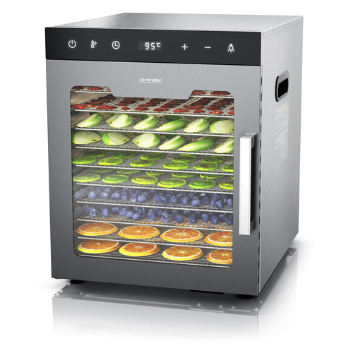 Arendo - Stainless steel dehydrator 8-fold - 500 watts with temperature control - dehydrator for food meat fruits fruit mushrooms - timer up to 24 hours - 8 compartments - GS - dehydrator